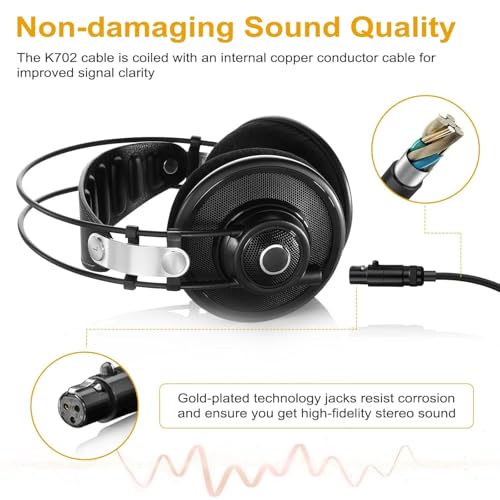 Ersatzkabel Spiralkabel für AKG K702, Q701, K712, K240, K271 Kopfhörer - Audiokabel mit 6,35mm Adapter & vergoldeten Steckern, beyerdynamic DT 1990 Pro, DT 1770 Pro, DT 990 Pro X Audio Kabel
