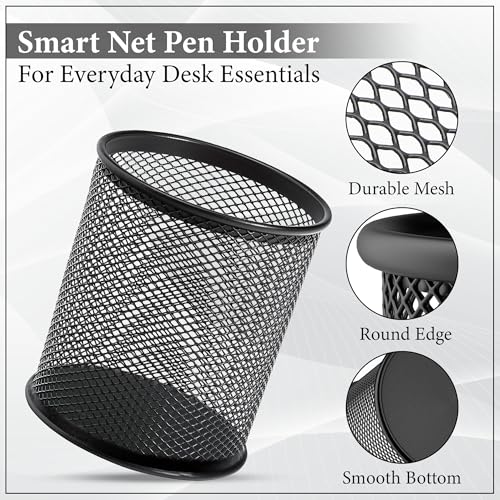 Image of GLUN Round Black Mesh Metal Desk Pen Stands 10 Piece, Pencil and Other Stationery Organiser Holder, Use at Office, School and Home