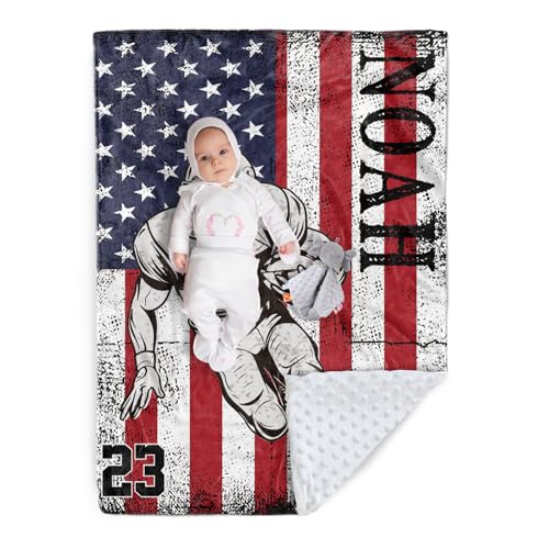 Custom Football Blanket Gift with Name, Personalized Sports Blanket for Kids Teen Boys Girls Football Fans, Soft Plush Flannel Throw Blankets with Double Layer Dotted Backing Color07