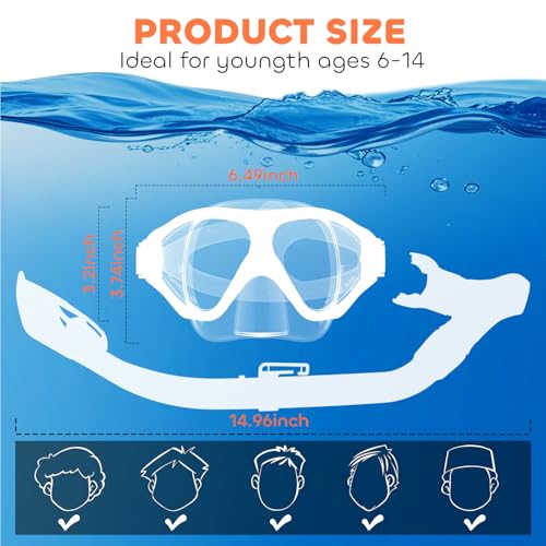Kids Snorkel Set, equipo de snorkel con máscara de vidrio templado antivaho para niños, tubo respirador plegable, vista panorámica de 180 grados, anti fugas, para edades de 6 a 14 años, unisex miniatura 5