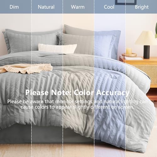 Image of CozyLux Queen Comforter Set Light Grey, 7 Pieces Seersucker Textured Luxury Bed in a Bag, Light Gray All Seasons Bedroom Bedding Sets with Down Alternative Comforter, Sheets, Pillowcases & Shams
