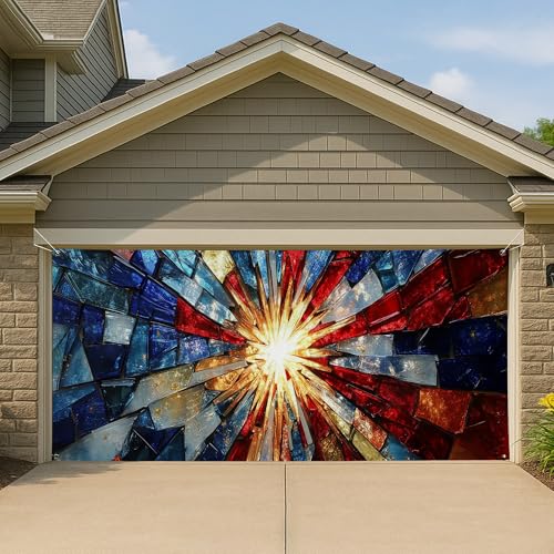 Artistic Abstract Burst Garage Door Cover, Large Vibrant Stained Glass Banner Decorations, Outdoor Party Decor for All Seasons 157x71 Inch