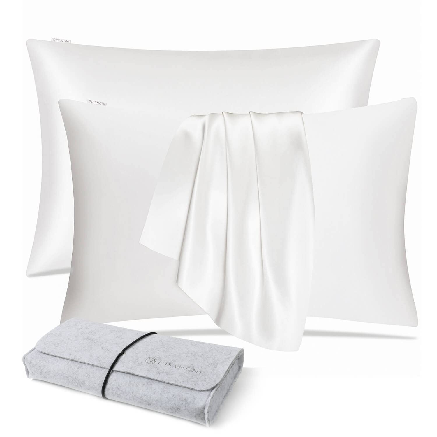 DISANGNI 100% Natural Mulberry Silk Pillow case for Hair and Skin with Hidden Zipper 22 Momme Both Sides Real Silk Pillow Case (2pc 51x66cm White)