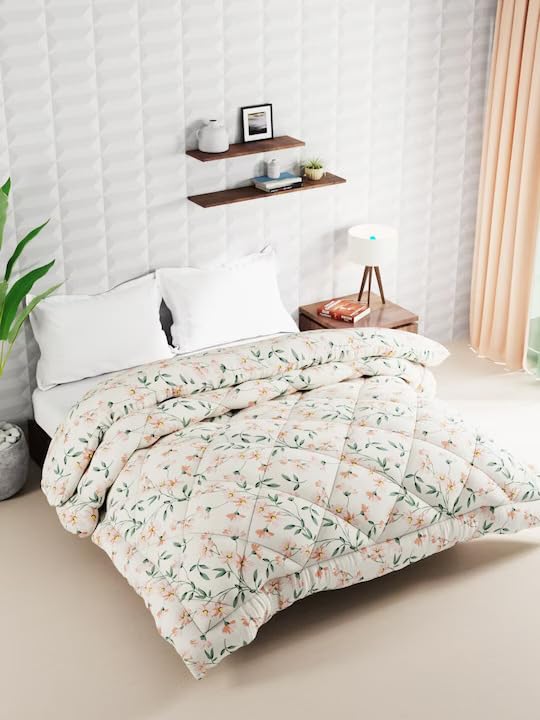 Image of DECOMIZER Super Soft Glace Cotton King Size AC Comforter II Blanket II Duvet for Double Bed with 1 Flat Bedsheet and 2 Pillow Cover - 4 Piece Comforter Set - Cream Floral-300 TC