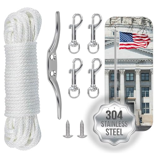 Lechansen Flag Pole Kit for Outdoor Use Flagpole Hardware Repair Parts Kit with Cleat Hook | Flag Pole Clips | Rope Replacement All-304 Stainless Steel Hardware Include Mounting Screws