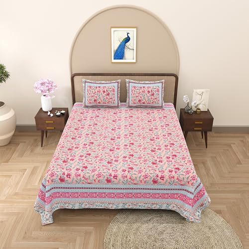 Image of Bedsheet for Double Bed King Size|Jaipuri Rajasthani Cotton Bed Sheet|1 King Size Bedsheet with Pillow Cover|240 TC Jaipuri Prints Flat Double Bed Bedsheet Cotton King Size,Multicolor