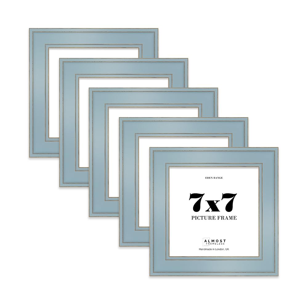 7x7 Cornflower Blue Picture Frame - Shabby Chic Photo Frame with Distressed Finish, Gold Trim, Wall Hooks and Kickstand, 37mm Edge - 5 Pack