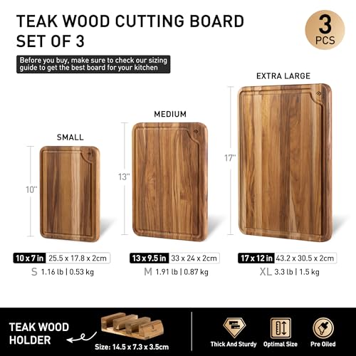 3 Pack Teak Wood Cutting Board Set for Kitchen Charcuterie Board Serving Heavy Duty Non Toxic Slip Over Sink Solid Thick Haus Wooden Chopping Board Large Big Small Meat Best Kitchen Essential Gift - Image 3