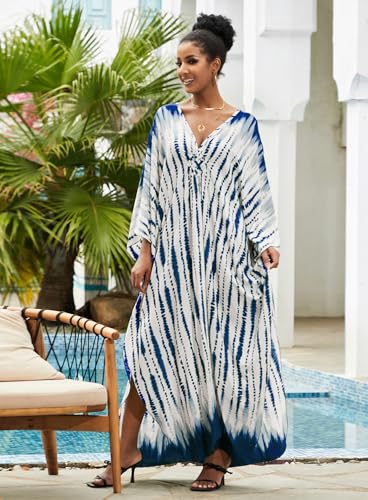 Kaftan Dresses Plus Size V-Neck Women's Swimwear Cover Ups Tie Dye Batwing Sleeves Mumu Caftan Dress4