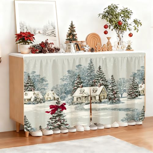 Image of Self Adhesive Vintage Cottage & Pine Cabinet Curtain for Mother's Day, 39x28 Inch Farmhouse Manor Under Sink Skirt No Drill, Spring Cleaning Kitchen Decor, Hook and Loop Laundry Valance