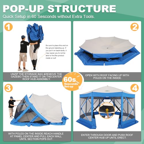 Image of COBIZI 15x15 FT Pop Up Gazebo - Canopy Tent, Large Gazebos On Clearance,Instant Screened in Gazebo,carpas para Patio,Portable Screen Tents for 12-15 Persons Outdoor Camping, Backyard, Blue