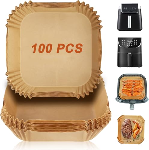 Image of Air Fryer Liners Disposable for Ninja Air Fryer MAX PRO AF180UK 6.2L, AF140UK 4.7L, 100pcs Air Fryer Liners Square, Parchment Paper for Cosori 5.5L /6L, Tefal 5L, Ninja Speedi, Air Fryer 4.5L-6.5L