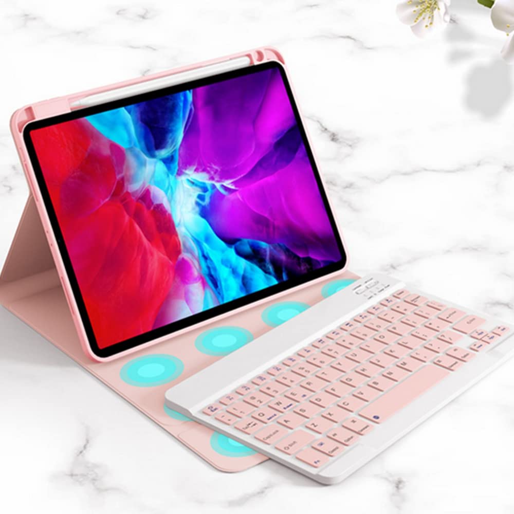 Étui clavier et souris pour iPad Air 2/Air 1, clavier tactile sans fil amovible, [texture de tissu] Couverture multi-angles avec porte-crayon, rose