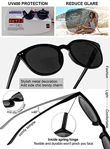 Image of MARE AZZURO Round Bifocal Reading Sunglasses Women Large Outdoor Readers 100 150 200 250 300 350 (Black, 1.50)