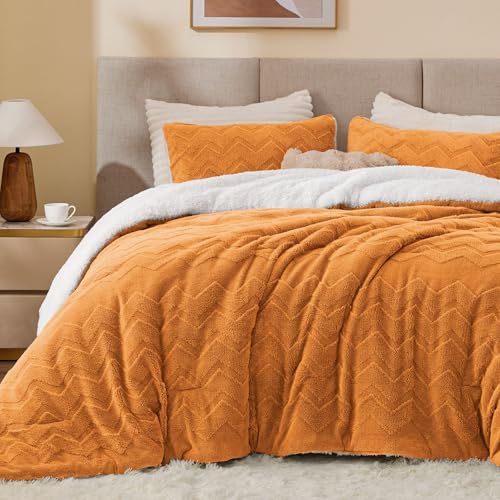 Image of BEDELITE Fluffy Sherpa Queen Comforter Set,Burnt Orange | Super Soft & Warm Fleece Bedding, Luxury Fuzzy Comforter for Winter, Heavy Plush Bedding Set,2 Pillowcases