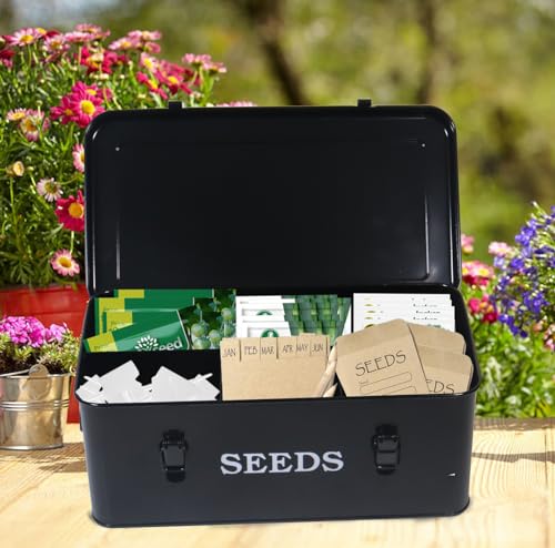 Mowhut Caixa de sementes de jardim, caixa de armazenamento de sementes de metal preto, estojo organi