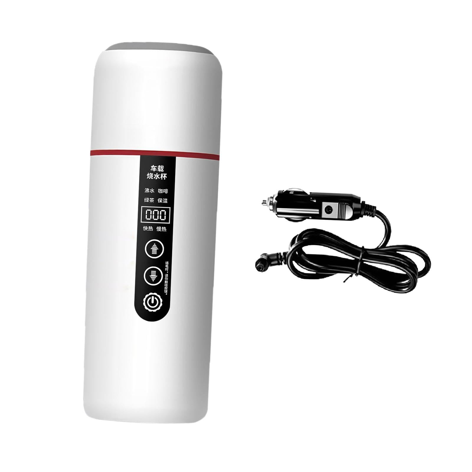 Bouilloire Voiture Électrique Tasse Chauffante Gourde INOX Affichage LED Maintien Température Pratique Adaptée Randonnée Camping Travail, Blanc