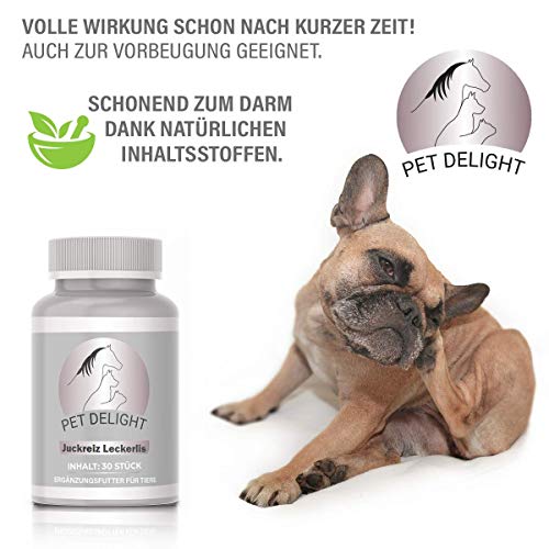Pet Delight Juckreiz Leckerlis - Hochdosiert Vitamin Leckerli bei Hautproblemen von Haustiere, DIE Nahrungsergänzung zur Hautpflege für Katze, Hund - Anti Milben, Läuse, Flöhe, Floh - Presslinge 15g