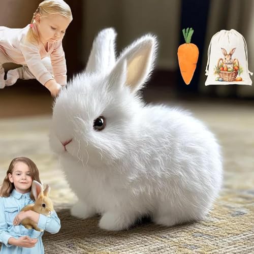 RENQIDD Bunby - Lapin de Pâques réaliste - Lapin interactif - Oreilles Qui sautent, tremblent et tremblent - Jouet réaliste pour Lapin (White)