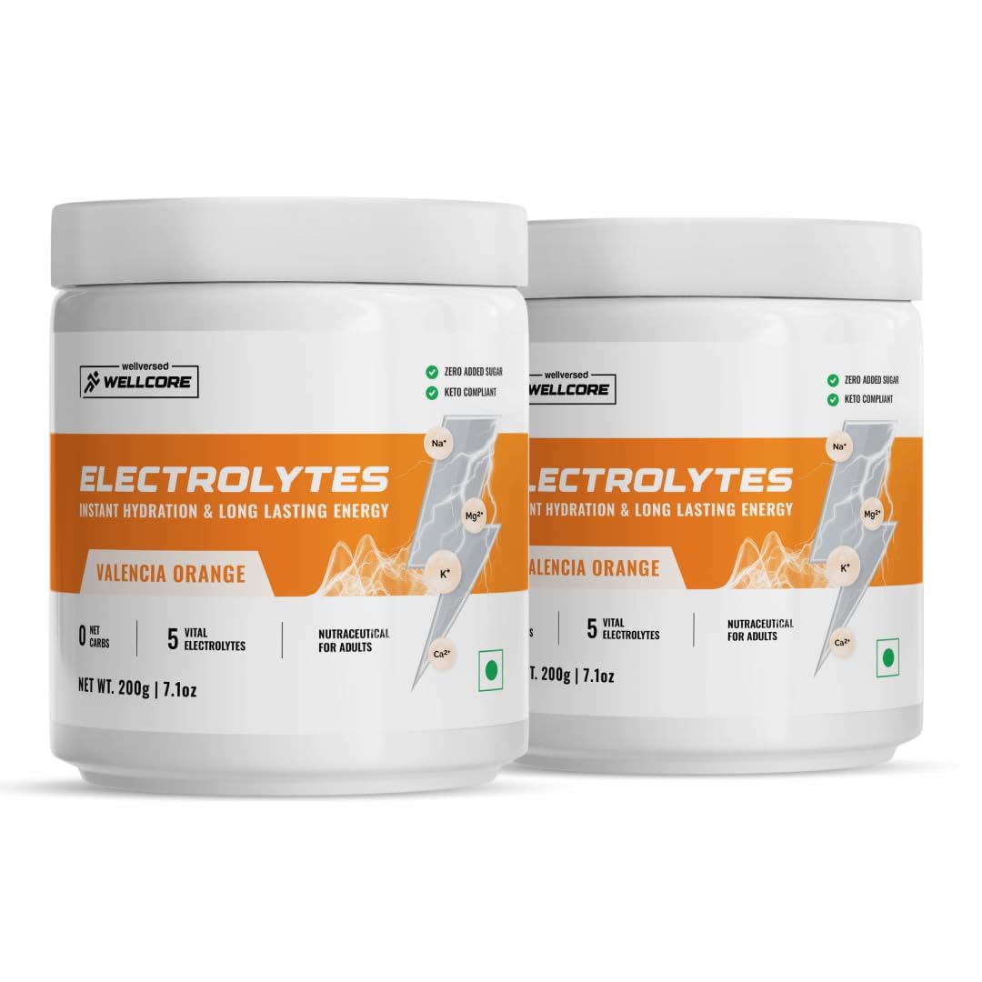 Wellcore Electrolyte Powder (80 Servings, 400gm) | Valencia Orange | Drink With 5 Vital Electrolytes: Na, Mg, Ca, K, PO4 | Sugar Free Electrolyte | Instant Energy & Hydration Solution | Pack of 2