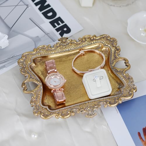 Image of Funly mee Antique Trinket Dish Vintage Metal Jewelry Tray, Wedding Ring & Necklace Holder -8 x 7 inches (Gold, M)