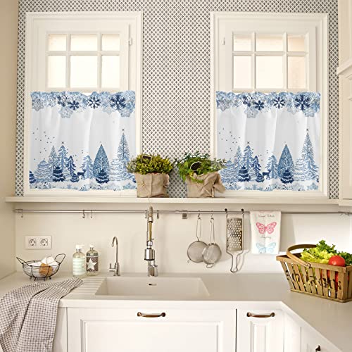 Christmas Snowman Kitchen Curtains And Valances Sets Winter New Year Snowflake Blue Xmas Rod Pocket Valance And Tier Set Semi-Sheer 3 Pcs Window Treatment Tiers For Bathroom/Bedroom 54X18In+28X36Inx2 #TOP3