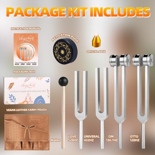 Tuning Forks for Healing(128Hz, 136.1Hz, 432Hz, 528Hz),Medical-Grade Weighted & Unweighted Tuning Forks Set with Vegan Leather Pouch &Activator, for Chakra/Sound Therapy/Yoga/Meditation - Image 3
