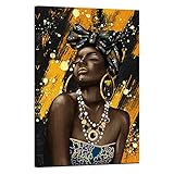 LevvArts African American Woman Wall Art Fashion Pop Black Woman with Gold Earrings Necklace Canvas Paintings Modern Pretty Girl Picture Prints for Living Room Bedroom Decor Framed 24x36 Inch