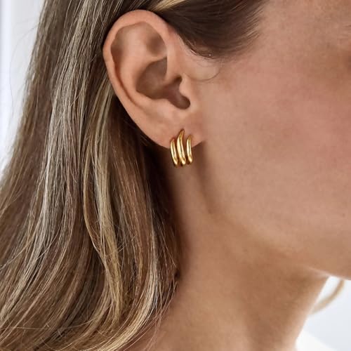 Image of Obidos 14K Gold Plated Illusion Stud Earrings for Women | Triple Huggie Hoop Earrings for One Hole| Trendy Simple Hypoallergenic Fashion Accessories Gold Jewelry Gifts for Womens