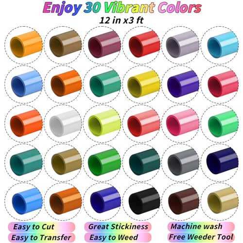 Image of 30 Pack HTV Vinyl Bundle 12 inch x 90 FT Heat Transfer Vinyl Rolls for Cricut | Assorted Color Iron On Vinyl, Easy Weed & Cut Heat Transfer Film for Shirts, Fabric, Heat Press Machines and Custom Designs