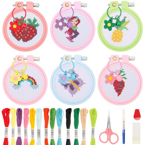 Image of Anglekai 6Pcs Cross Stitch Kits for Beginners, Needlepoint Kits for Beginners Embroidery Starter Set, 6 Embroider Hoops and Cloth / 6 Key Rings /Scissors /Instructions for Crossstitch Decor
