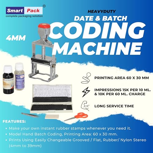 Image of SMART PACK Hand Batch Coding Machine for Batch No. MFG. MRP. EXP. Date Coding | Handheld Printing Machine on Plastic, Paper Pouches, Cartoon Boxes and Kraft Papers | Size 4 MM
