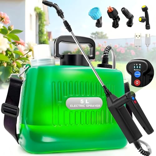 Lambluefly Pulverizador Electrico 7.4V/2400mAh, 5L Mochila Pulverizador Plantas, PUlverizador Jardin con 3 Boquillas, Sulfatadora Mochila con Varilla Telescópica para Regar Plantas