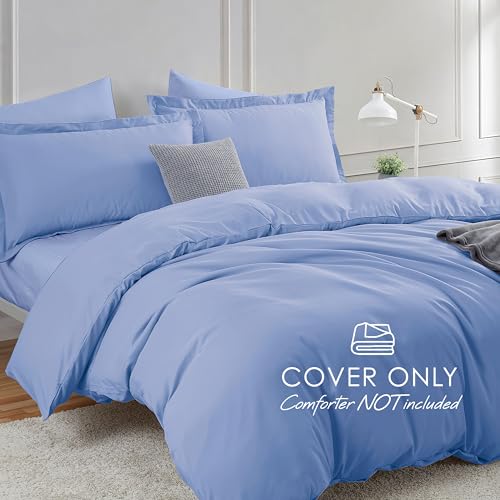 Image of Hearth & Harbor Calm Blue Duvet Cover with Fitted Sheet Full Size | 4 Piece Soft Double Brushed Bedding Set, Button Closure, 1 Duvet Cover 80x90 Inches, 1 Fitted Sheet, 2 Pillow Shams