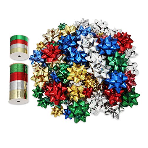 Mata1 Gift Bows Boxed Set Mixed Colors & Mixed Sizes 100 pc + 2 Rolls of Ribbon (4 Colors, 2 Sizes), Holiday & All Occasion Bows & Ribbons - Value Set