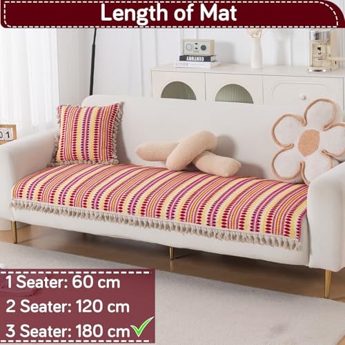 Image of HOKIPO 'Artisan Boho Series' Sofa Cover Mat with Tassel | 450 GSM Cotton Acrylic Jacquard for 3 Seater Sofa, Ruby Red (IN-904-A6*S)