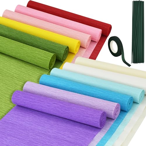 BEISHIDA 12 Rolls Crepe Paper Roll, 12 Colors Crepe Paper Sheet for Flower Making, Flowers Kit with Tape and Wire for Wedding Ceremony, Birthday Holiday Party Decoration,DIY Craft (9.8in x 8ft/Roll)