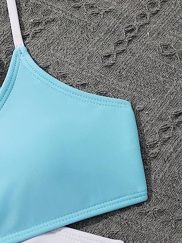 Image of WDIRARA Girl's 4 Piece Color Block Swimsuit and Coverup Set Tree Print Boho Swimwear Light Blue 9Y
