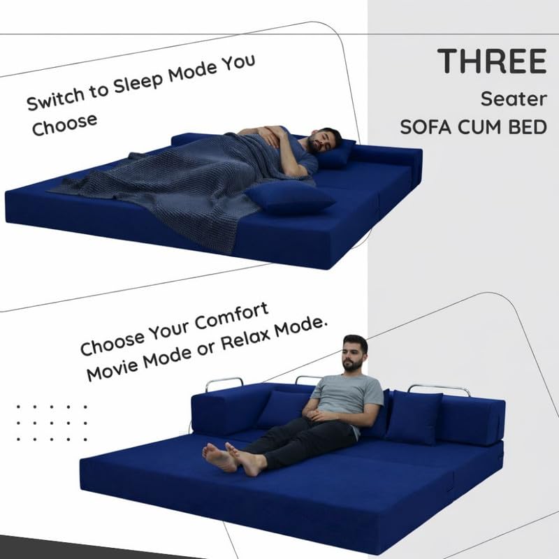 Image of Adorn India Easy Premium Modular 4 Seater Sofa Cum Bed | Velvet Suede Fabric | Colour Blue | Modern Design | Size 6x6 Fit | Comfortable for Seat & Sleep | Washable Cover | Perfect for Home & Office