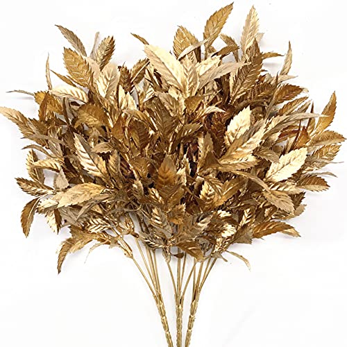 CATTREE Christmas Artificial Plants Plastic Leaves Fake Grass Faux Shrubs Bushes for Home Indoor Outdoor Garden Leaf Wedding Festival Decoration Hall Table Golden Planter Filler - Gold 3 Pack