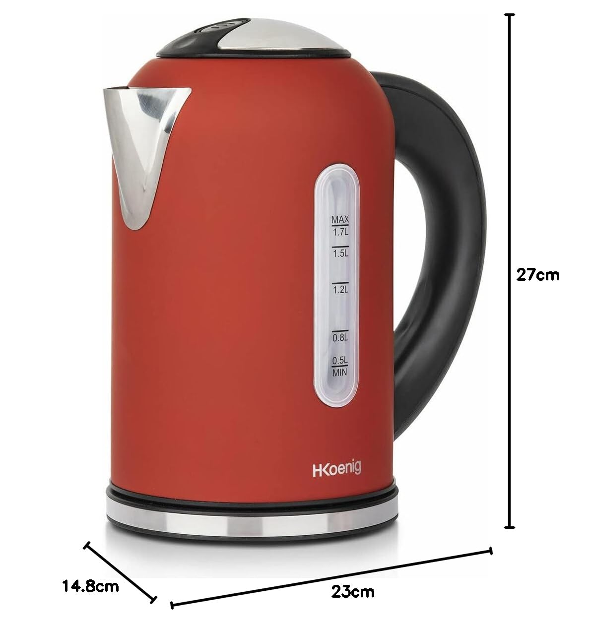H.Koenig BOE54 Hervidor de Agua Eléctrico Pequeño, 2200 W, Capacidad 1.7 L, Base 360º, Temperatura Hasta 100º En Tiempo Récord, Rojo/Negro