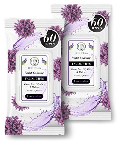 Herb & Luxe Face Wipes, Flip-Top Makeup Remover Facial Cleansing Wipes with Aloe Vera for Sensitive, Oily, dry Skin, Face/Hands/Body, Women/Men, 60 Count, Lavender (Pack of 2 = 120 Wipes)