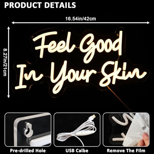 Image of Feel Good In Your Skin Neon Sign for Wall Decor, 16.54 inch x 8.27 inch Led Signs for Beauty Salon, USB Dimmable Letters Neon Lights for Business Skincare Studio Shop Facial Spa Bar Home Wall Art