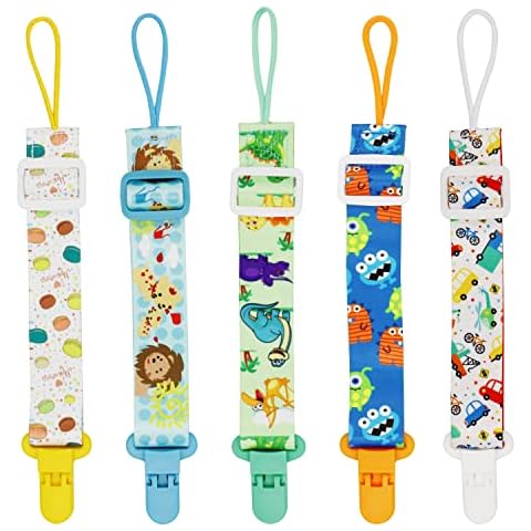 FenFang Baby Dummy Clips, 5 PCS Baby Pacifier Soother Chain Holder Straps, Adjustable Teething Clips for Baby Boys and Girls Unisex, Dummy Clip Neutral, Baby Soother Clips (Blue) Cover