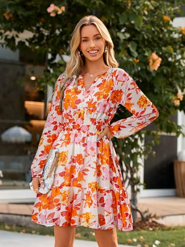 Image of Simplee Womens Spring Floral Mini Dress Long Sleeve Boho Chiffon Short Dress Casual Flowy Fall Wedding Guest Dresses