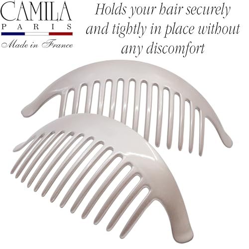 Image of Camila Paris CP3016 French Hair Side Combs, Beige Pearl Interlocking Combs French Twist Hair Combs, Strong Hold Hair Clips for Women Bun Chignon Up-Do, Styling Girls Hair Accessories, Made in France
