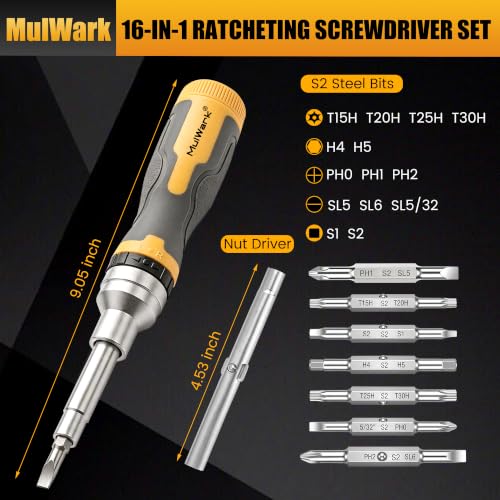 Image of Mulwark 16-in-1 Ratcheting Multi-Bit Screwdriver Set, S2 Steel Screwdriver with 1 /4 inch & 5 /16 inch Nut Drivers, Nickel Coated Anti-Rust screw driver, Max Torque Soft Handle for Home Repair & DIY