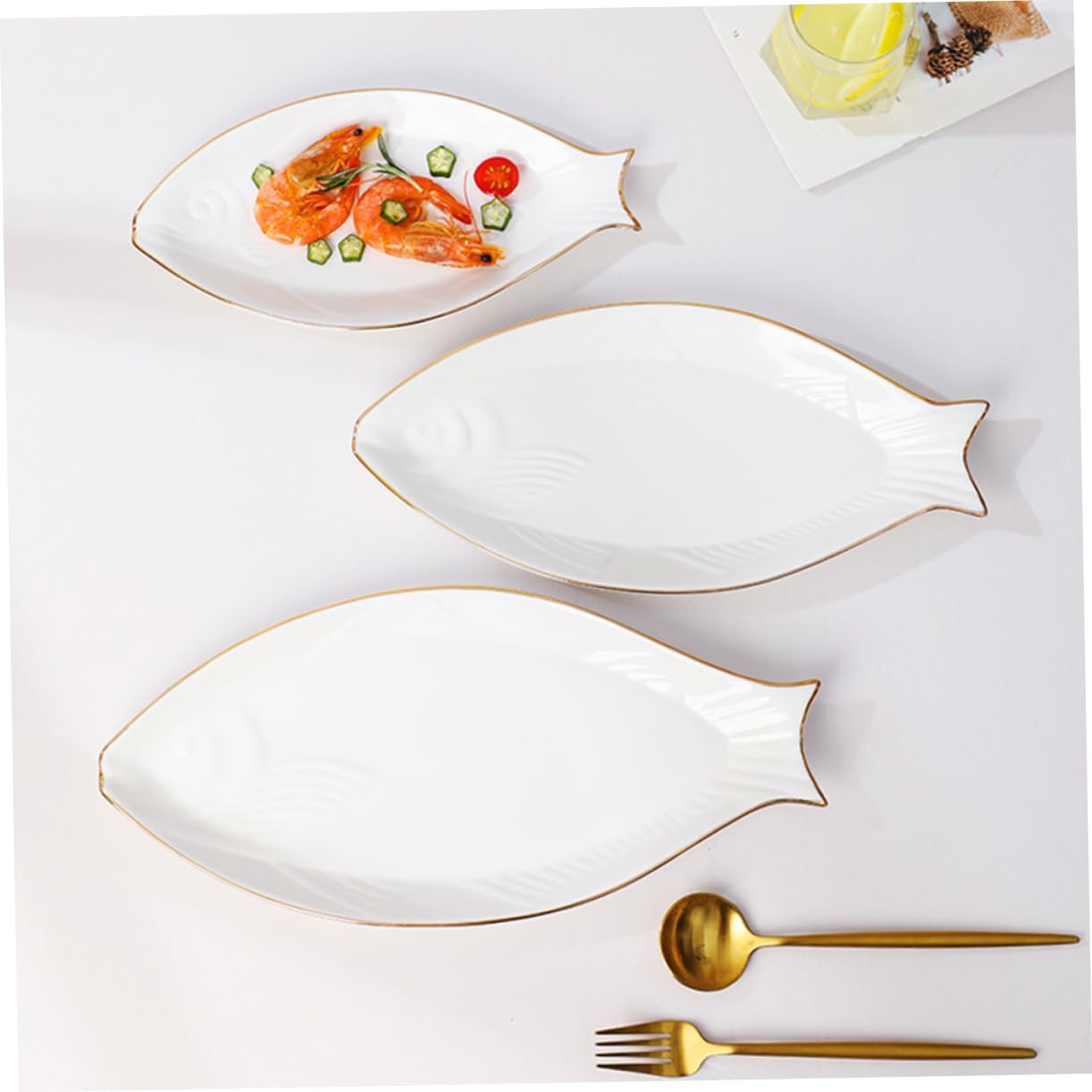 Amosfun Ceramic Fish Plate Gold Trim Decorative Fish Shaped Dish Serving Tray for Appetizers and Snacks Elegant Tableware for Parties Banquets and Home Use