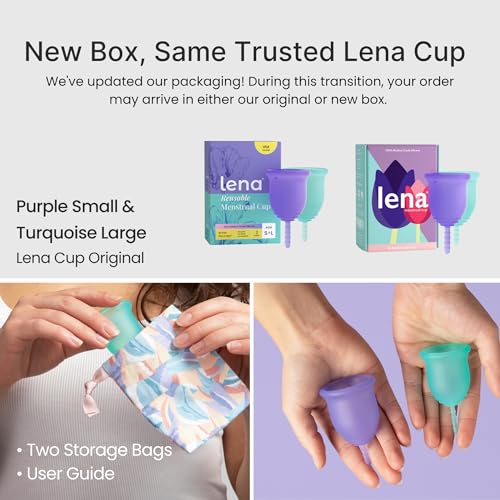 Image of Lena Menstrual Cups Original 2-Pack Set (Small & Large) Soft Medical-Grade Silicone Period Cups for Women Heavy Flow, Reusable 12-Hour Leak-Free Comfort, Feminine Care, Purple and Turquoise