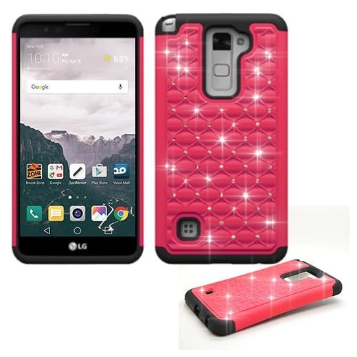 Phone Case for Straight Talk LG Stylo 2 4g LTE GSM/CDMA/LG Stylo-2-V (Verizon) Crystal-Dual-Layered Rugged Cover (Crystal-Pink with Black)
